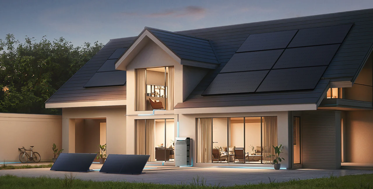 Haus mit Solaranlage auf dem Dach und Batteriespeicher im Garten