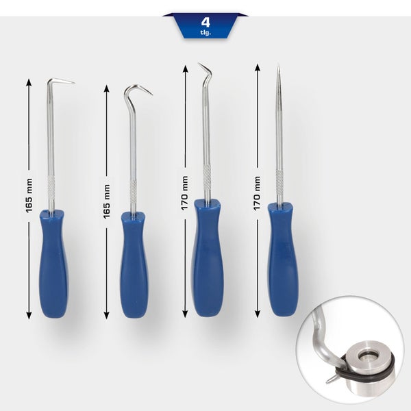 Vierteiliges Werkzeugset mit Haken und blauen Griffen