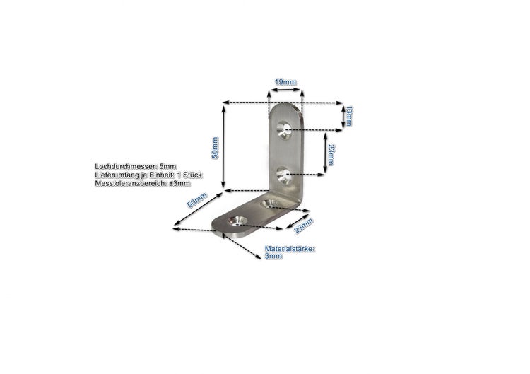 Winkelverbinder aus Metall mit 50 mal 50 Millimeter Schenkellänge, 19 Millimeter Breite und 3 Millimeter Materialstärke mit Maßangaben.