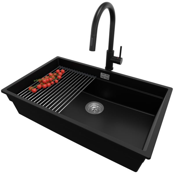 PRIMAGRAN Unterbauspüle Granit Schwarz 76x47cm, Spülbecken 1 Becken + Küchenarmatur 40x20cm + Ablauf-Set + Aufrollbare Abtropffläche, Granitspüle ab 80er Unterschrank - Praga