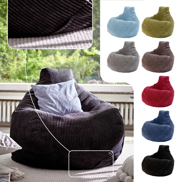 Green Bean Sitzsack mit Rückenlehne 80x80x90cm - Gaming Chair mit 230L Füllung Cordstoff - Bean Bag Bodenkissen Lounge Sitzhocker Relax-Sessel Gamer Gamingstuhl Schwarz