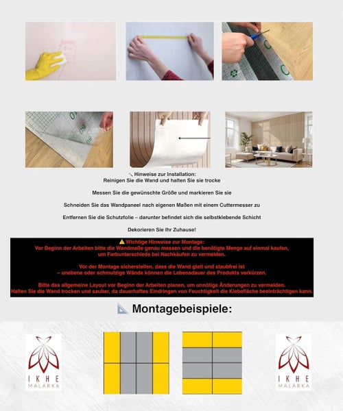Anleitung zur Installation von Wandpaneelen mit Bildern der einzelnen Schritte