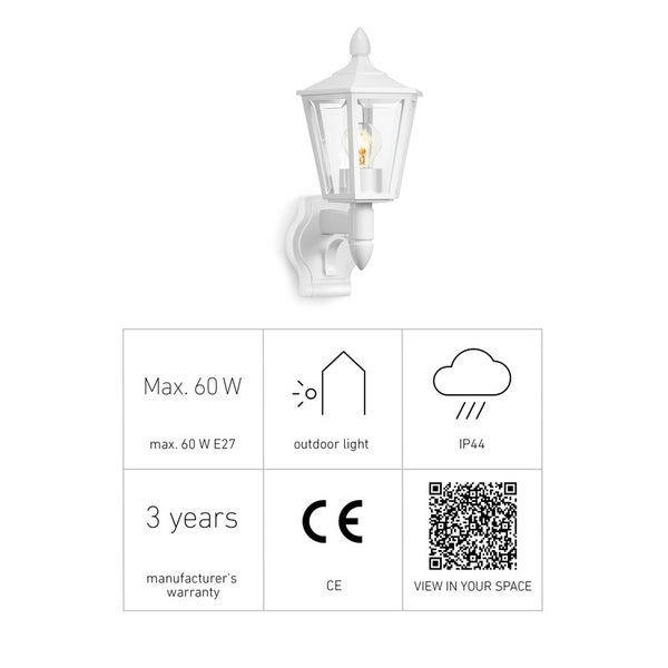 Weiße klassische Außenwandleuchte mit E27 Fassung, maximal 60 Watt, IP44 Spritzwasserschutz, 3 Jahren Garantie und CE-Kennzeichnung.