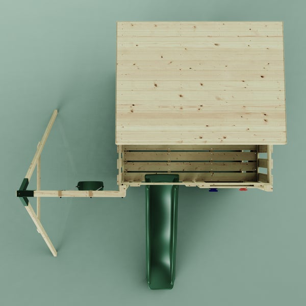 Draufsicht auf einen Spielturm aus Holz mit Flachdach, Rutsche und Schaukelgestell.