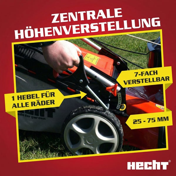 Hecht Rasenmäher mit zentraler Höhenverstellung, einem Hebel für alle Räder und 7-fach verstellbarer Schnitthöhe von 25 bis 75 Millimeter.