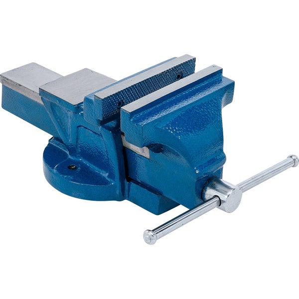 Blaue Werkbank mit Schraubstock