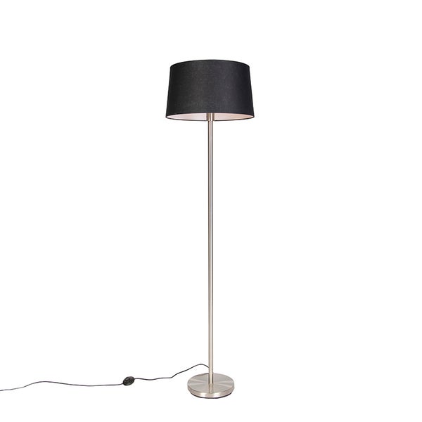 QAZQA - Moderne Stehlampe Stahl I Silber I nickel matt mit schwarzem Schirm 45 cm - Simplo I Wohnzimmer I Schlafzimmer - Textil Länglich I Rund - LED geeignet E27