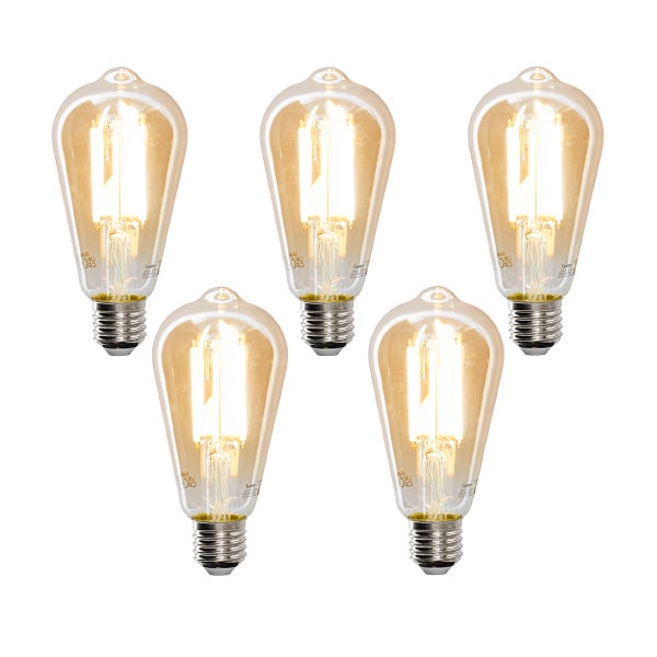 Fünf LED-Filament-Lampen in Edison-Form ST64 mit E27-Sockel aus klarem Glas.
