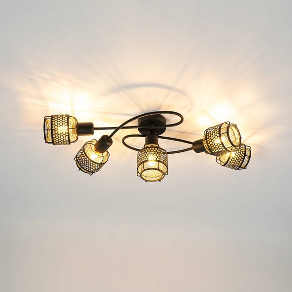 Deckenleuchte mit fünf Leuchten und Lampenschirmen aus Metallgitter