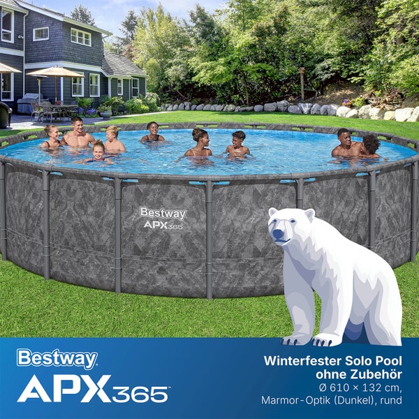 Bestway Logo und runder Pool APX365 in dunkler Marmor-Optik im hellen Garten. Winterfester Pool, Durchmesser 610 Zentimeter, Höhe 132 Zentimeter.
