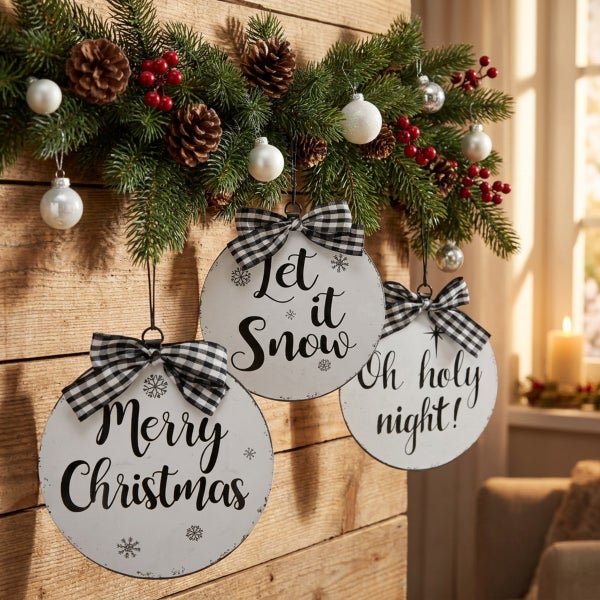 Drei runde Weihnachtsanhänger aus Metall mit karierten Schleifen und weihnachtlichen Schriftzügen vor einer Tannengirlande an einer Holzwand.