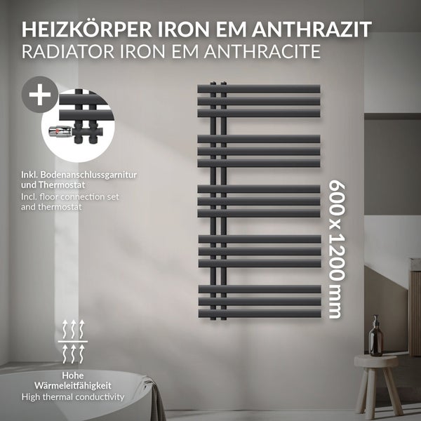 LuxeBath Badheizkörper Iron EM 600x1200 mm Anthrazit Mittelanschluss mit Anschlussgarnitur Thermostat Durchgang Boden, Design Heizkörper Bad Heizung Handtuchwärmer Handtuchtrockner Handtuchheizkörper
