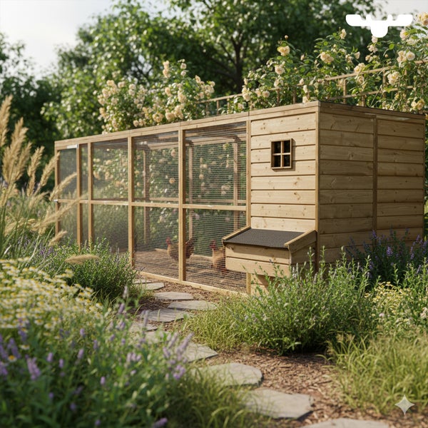 Hühnerstall mit Freilaufgehege im Garten.