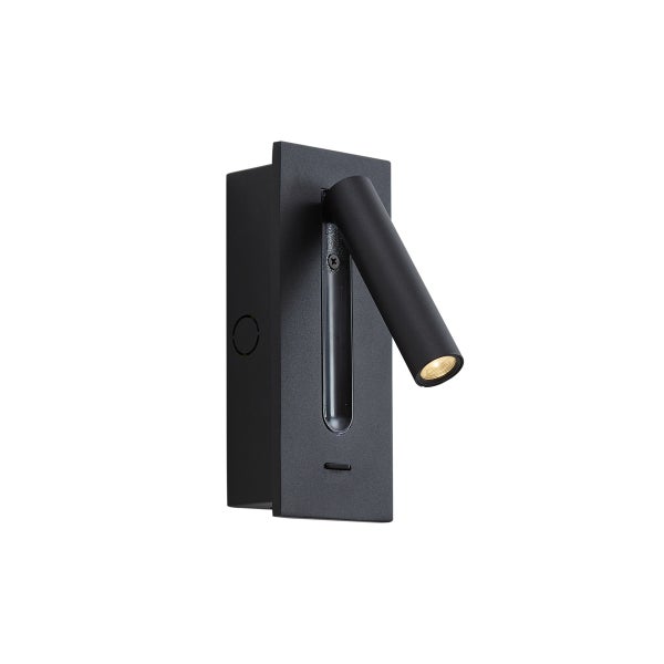 Schwarze Wand-Leseleuchte aus Metall mit schwenkbarem, zylindrischem Spotkopf und rechteckiger Basis.