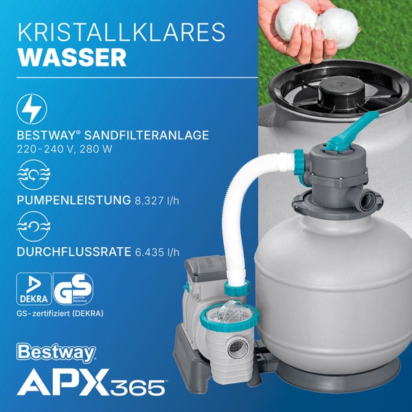 Bestway Logo. Sandfilteranlage APX365, 8327 Liter pro Stunde, Siegel für Geprüfte Sicherheit GS, DEKRA Logo. Hand mit Filterbällen.