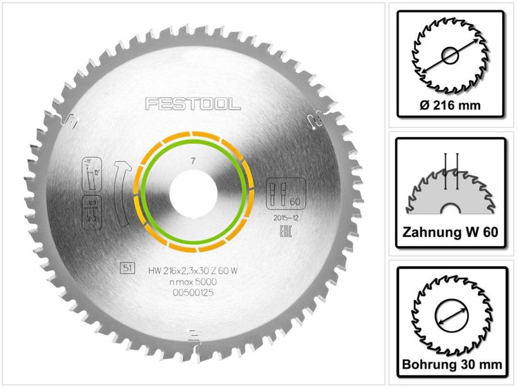 Festool Feinzahn Kreissägeblatt HW 216 x 30 x 2,3 mm W60 216 mm 60 Zähne ( 500125 )