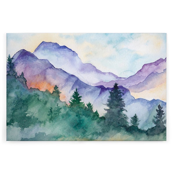Wandbild mit Aquarellmotiv einer Berglandschaft mit Tannenwald