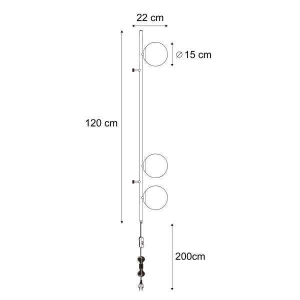 Technische Zeichnung einer Stehlampe mit drei Lampenschirmen, Gesamthöhe 120 Zentimeter, Lampenschirmdurchmesser 15 Zentimeter, Lampenschirmtiefe 22 Zentimeter und Kabellänge 200 Zentimeter.