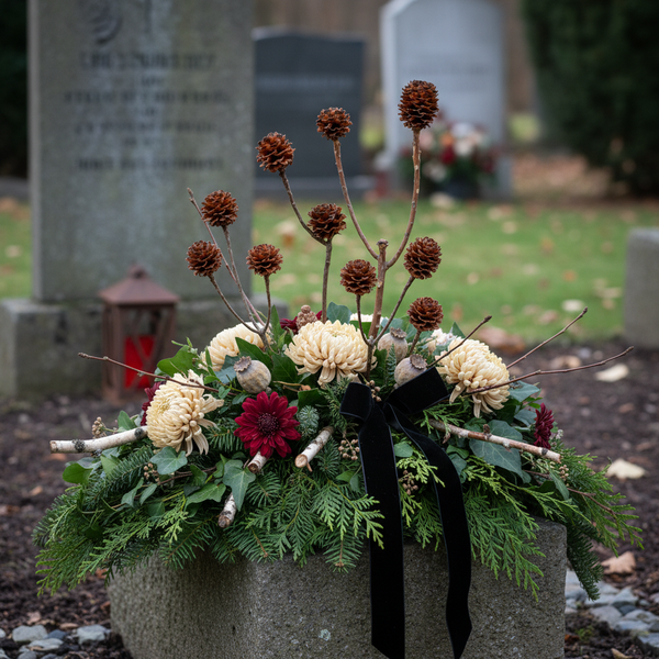 Grabgesteck mit Tannengrün, Zedernzweigen, hellen Chrysanthemen, roten Blumen, Zapfen und einer schwarzen Schleife auf einem Grabstein.