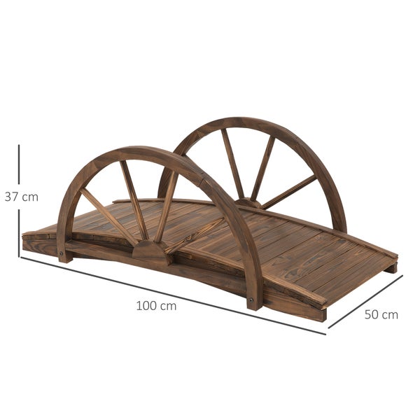 Outsunny Gartenbrücke aus Tannenholz, Holzbrücke mit Rad Design, Teichbrücke bis 150 kg belastbar, Zierbrücke Dekobrücke, Brücke für Garten Park Hinterhof 100 x 50 x 37 cm Verkohlt