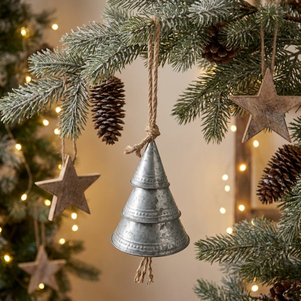 Weihnachtsbaumschmuck aus Metall in Tannenbaumform mit Juteband zum Aufhängen an einem verschneiten Tannenzweig