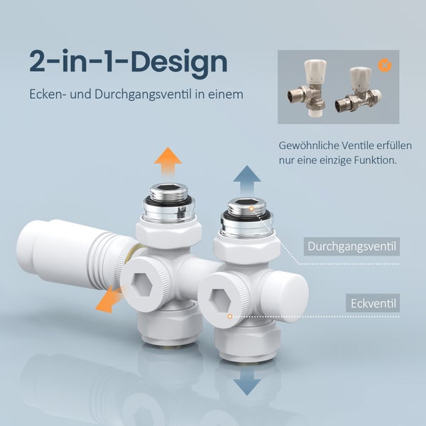 EMKE Heizkörperthermostat Multiblock-Set – Anschlussarmatur mit Thermostat für Heizkörper und Handtuchtrockner, Heizungszubehör in Eck- und Durchgangsform φ16xG1/2, Weiß