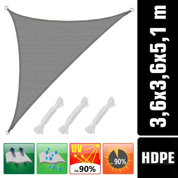 AMANKA UV Sonnensegel - 3,6x3,6x5,1 HDPE Dreieck Rechtwinklig Sonnenschutz Plane Balkon Garten Grau