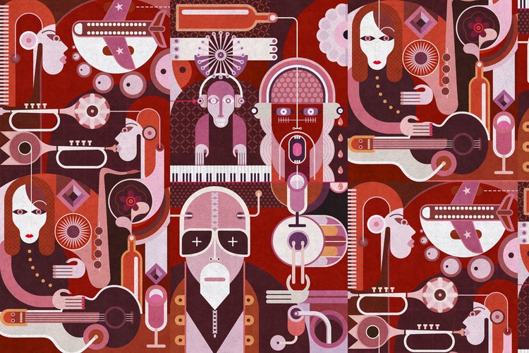 Abstrakte Darstellung von Musikinstrumenten und Gesichtern