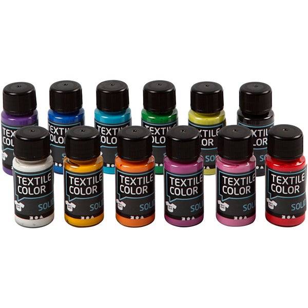 Creativ Company Volldeckende Stoffmalfarbe Textile Solid, Sortierte Farben, Deckend, 12x50 ml/ Kreativ Box
