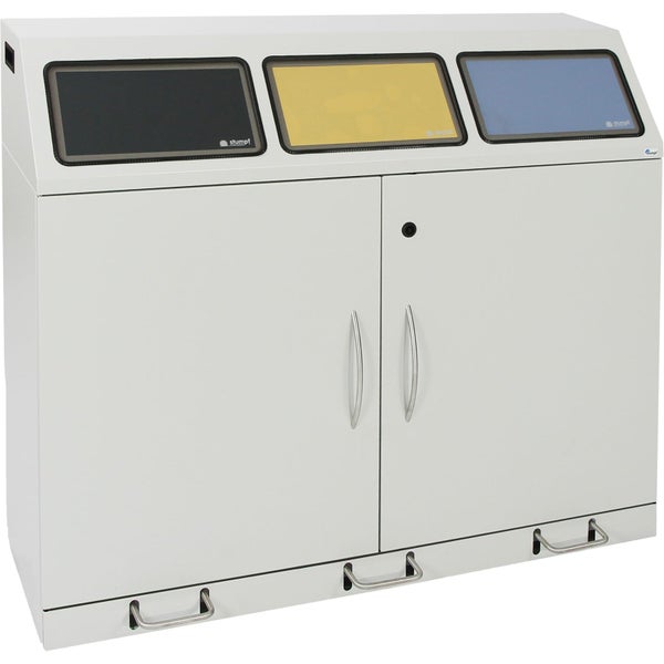 Wertstoffsammler aus Metall mit drei Einwurfklappen, zwei Flügeltüren und Fußpedalen zur Mülltrennung.