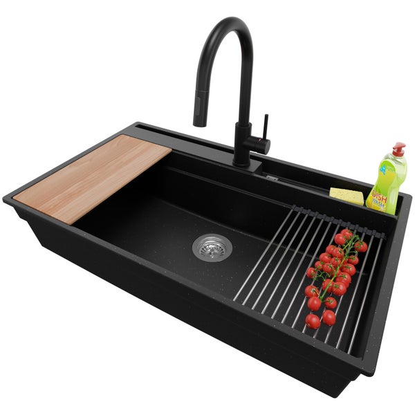 PRIMAGRAN Granitspüle Schwarz Metallic 88x53cm, Spülbecken 1 Becken + Küchenarmatur 40x20cm + Ablauf-Set + Küchenzubehörset, Küchenspüle ab 90er Unterschrank - Oslo Pocket