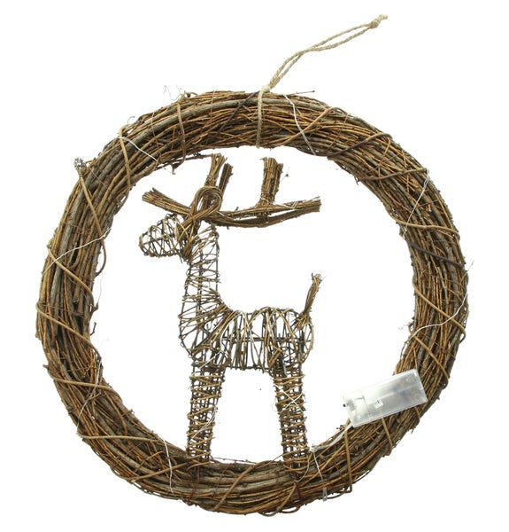 FRANK FLECHTWAREN | LED-Kranz Rentier, Ø 44 cm, HOLZ, METALL, KUNSTSTOFF, JUTE