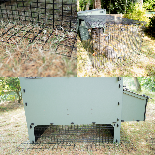 Hühnerstall mit integriertem Auslaufgehege aus Drahtgeflecht auf einer Rasenfläche im Garten.