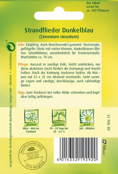 Rückseite der Samenpackung Strandflieder Dunkelblau mit Pflegehinweisen, Wuchshöhe circa 70 cm, Aussaat- und Blütezeiten sowie Qualitätssiegeln.
