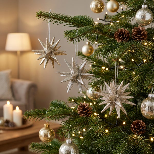 Weihnachtsbaum mit sternförmigen Ornamenten, glänzenden Kugeln und Tannenzapfen als festliche Dekoration in einem gemütlichen Wohnraum.