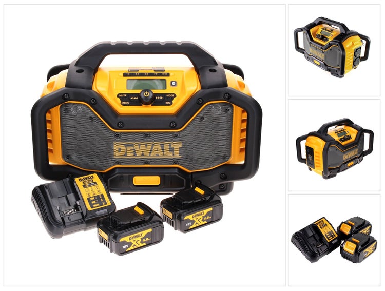 DeWalt Baustellenradio mit zwei 18-Volt-Akkus und einem Ladegerät, dargestellt aus verschiedenen Perspektiven.