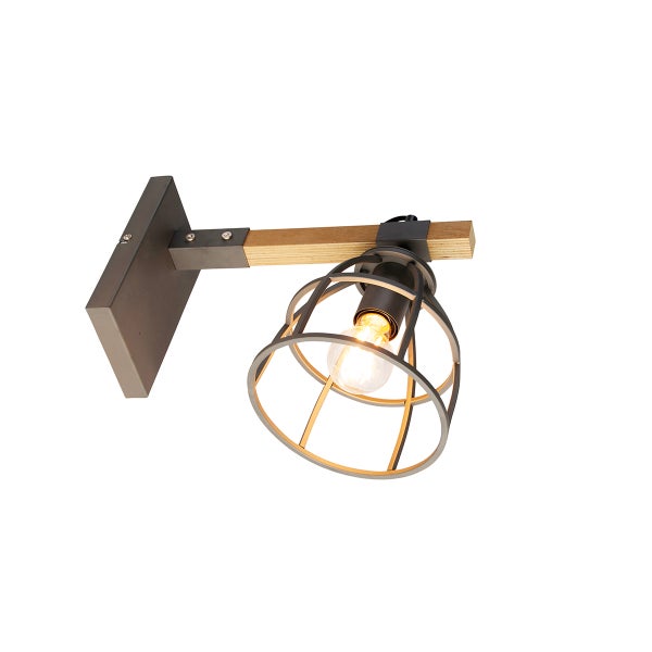 Wandleuchte im Industrial Stil mit Holzelement und Metallgitterkorb