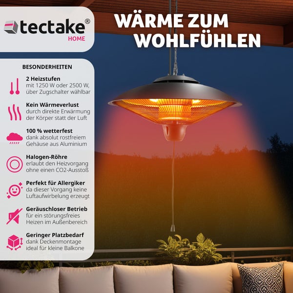 Infrarotheizstrahler tectake Solaris Orbit einfache Montage, 58 x 58 x 32 cm 2 Leistungsstufen, 1250 und 2500 W schwarz
