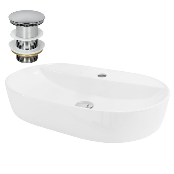 ML-Design Waschbecken aus Keramik in Weiß 60x40x12 cm Oval inkl. Ablaufgarnitur, Moderne Aufsatzwaschbecken, Design Waschtisch Aufsatz-Waschschale Waschplatz Handwaschbecken, für Badezimmer/Gäste-WC