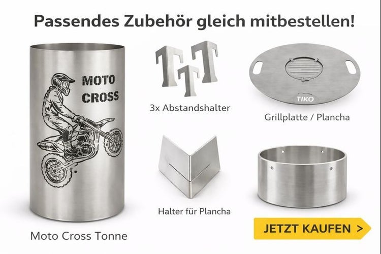 Zubehör für die Feuerstelle mit Motocross Motiv: Grillplatte, Plancha Halter und Abstandshalter.