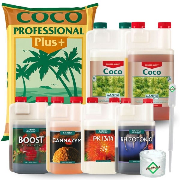 CANNA Dünger-Set mit Coco Professional Plus Substrat, Boost, Cannazym, PK 13/14, Rhizotonic, Coco A und B, Pipette und Messbecher.