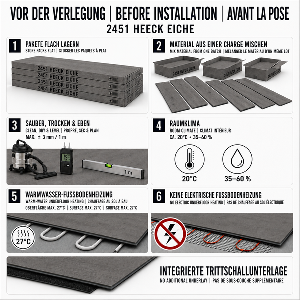 Infografik zur Vorbereitung vor der Verlegung von 2451 Heeck Eiche Bodenbelag mit Hinweisen zu Lagerung, Untergrund, Raumklima und Heizung.