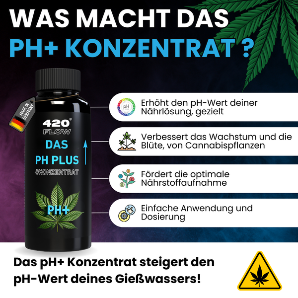420 Flow pH Plus Konzentrat zur Erhöhung des pH Werts in der Nährlösung für Cannabispflanzen, Made in Germany, zur optimalen Nährstoffaufnahme.