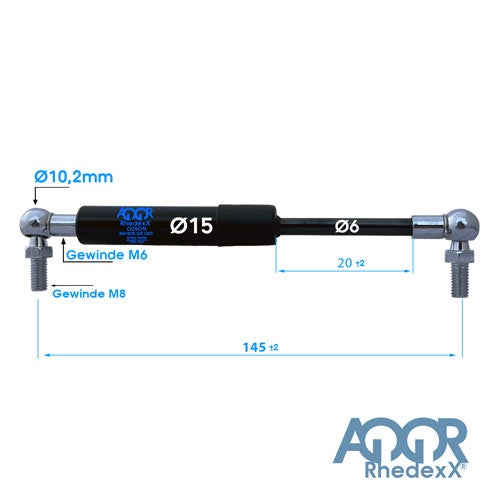 Schwarze Gasfeder AGQR Rhedexx, Länge 145 Millimeter, Hub 20 Millimeter, Durchmesser 15 Millimeter und 6 Millimeter, Gewinde M6 und M8.