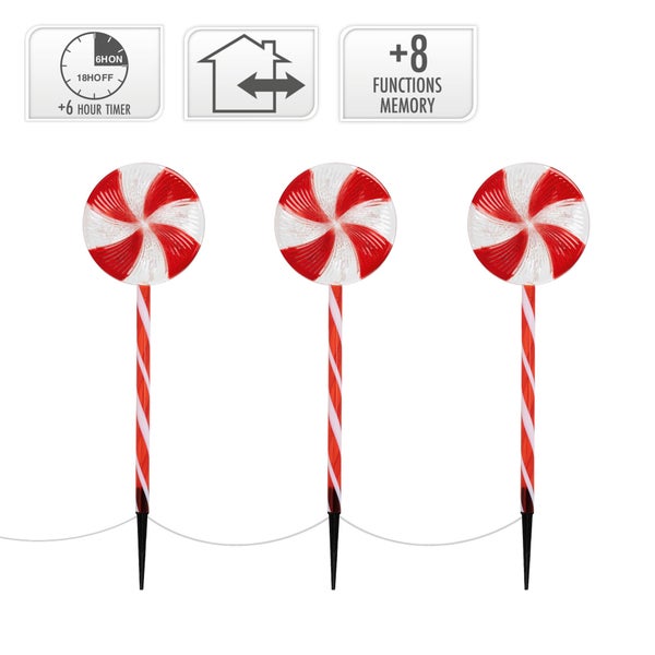 ECD Germany 3er Set LED Lollipop-Weihnachtsweg Aussen, 60 LED 3m, 8 Modi, Batteriebetrieben, Timer, Weihnachten Lutscher Lichterkette, Weihnachtsbeleuchtung Gartenleuchte Zuckerstangen Gartenstecker