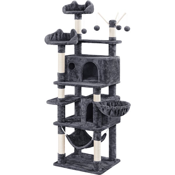 Grauer Kratzbaum mit Liegeflächen, Höhlen, Hängematte und Spielzeug für Katzen