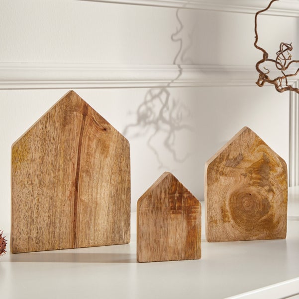 FRANK FLECHTWAREN | Holzdeko Haus, 3er Set, HOLZ, 7,5x2,5x10cm, 11x2,5x15cm, 15x2,5x20cm