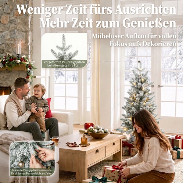 Familie im wohnlichen Wohnzimmer mit einem geschmückten künstlichen Weihnachtsbaum mit vorgeformten Zweigspitzen und beigefügten Montagehinweisen.