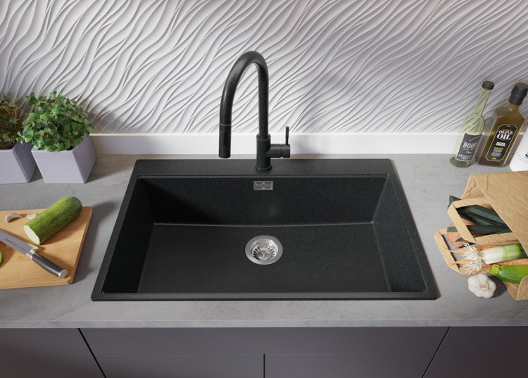 PRIMAGRAN Spülbecken Anthrazit 78x50cm, Granitspüle 1 Becken + Ablauf-Set + Aufrollbare Abtropffläche, Küchenspüle ab 80er Unterschrank - Oslo