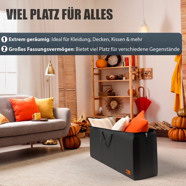 Wohnraumszene mit einer großen Aufbewahrungsbox gefüllt mit Kissen